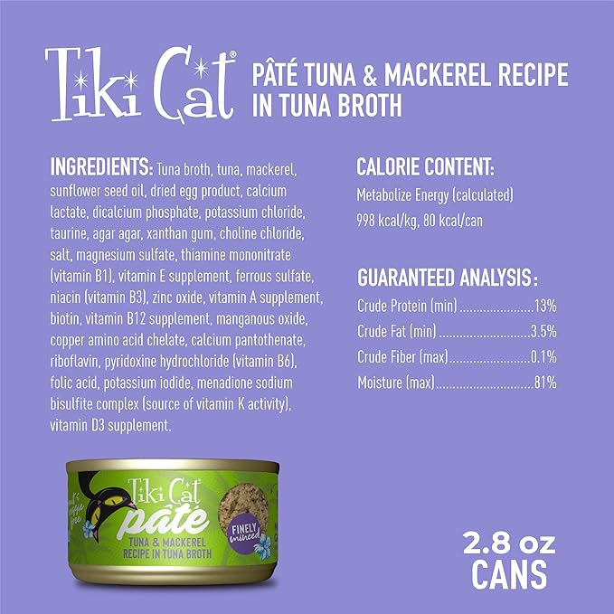Tiki Cat Luau Pâté Wet Cat Food, Tuna & Mackerel, 2.8 oz. Cans (12 Count)