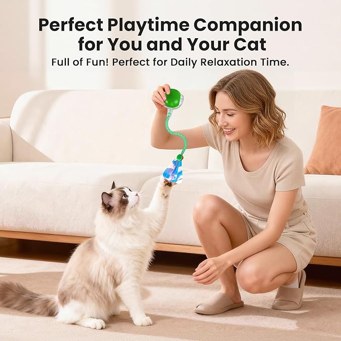 Rocfish Cat Toys, Cat Toys for Indoor Cats, Cat Toys Interactive, 360° Rotating Automatic Interactive Cat Ball, Smart Activation, LED Light, Type-C Rechargeable, 3 Replaceable Dragonfly Tails (Green)