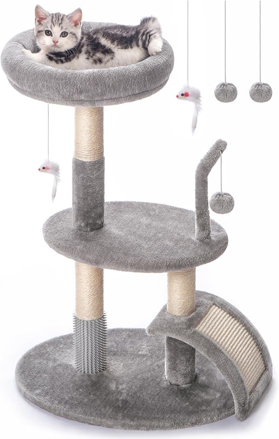 Goozii Large Cat Tree Tower with Scratching Post, Modern Kitten Tower for Indoor Cats, Sturdy Tall Carpet Sisal Cat Scratcher Stand with Big Bed Perch,Scratch Ramp,Ball Toy for Kitty Play -Grey