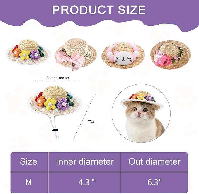 NACOCO Cat Hat Sunflower Straw Hat Handcrafted Rose Lovely Sun Cap Accessories for Small Dogs and Cats Photograph (M, Multiple Flower)