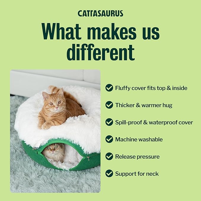CATTASAURUS Peekaboo Cat Cave for Multiple & Large Cats Up to 30-45 Lbs, Fluffy Cat Beds & Furniture, Scratch Detachable & Washable Tunnel Bed, Comfy Donut Bed (Forest Green, Large (Calming))
