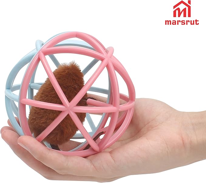 Squeaky Mouse Ball Cat Toy with Simulated Sound, Mouse Ball Cage, Squeky Balls for Cats to Play with Indoor, Plastic Squeak Interactive Funny Toys Best for Playing Chewing Training Chasing (Pink-Blue)