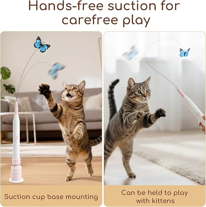 Rechargeable Automatic Cat Toy with Suction Cup, Interactive Cat Toys for Indoor Cats, Butterfly Feather Teaser Wand for Bored Kittens, Self Play Exercise Toy