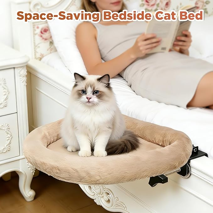 IPOW Heavy Duty Steel Frame 180°Rotating Cat Bedside Bed Semi-Circular Cat Bed for Bedside, Soft Faux Rabbit Fur Material, Suitable for Various Desktops-Maximum Hold Up to 40lb