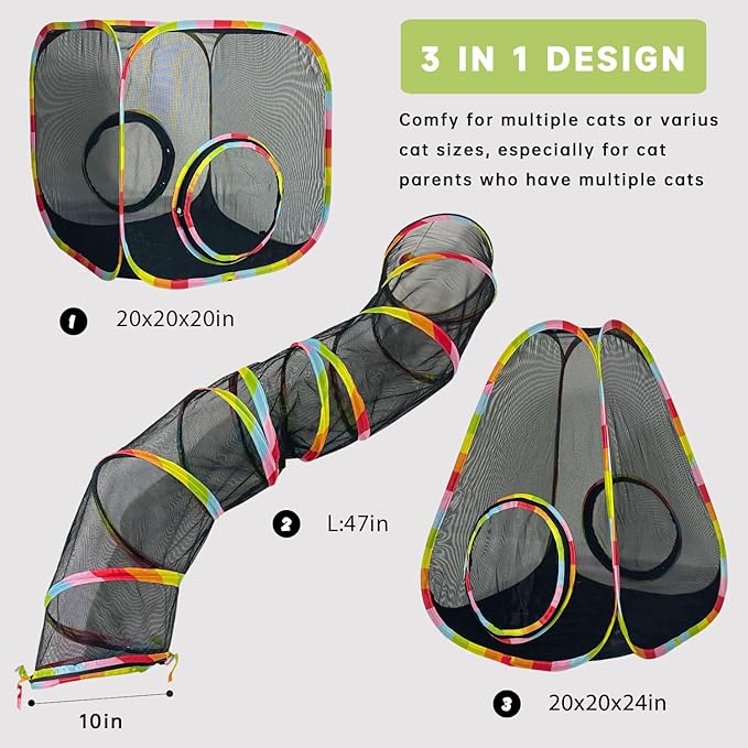 Outdoor Cat Enclosures, Cat Tunnels Catio Tents Cubes for Indoor Cats with Play Ball, Collapsible Outside Playpen Tunnel for Kitty, Rabbit, Puppy and Small Animals