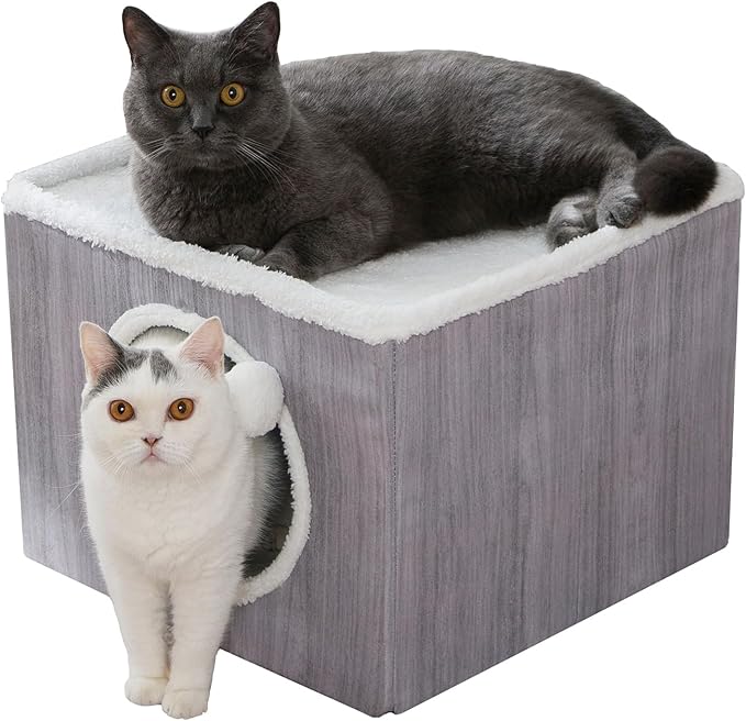 Cat Condo House with Reversible Cushions and Fluffy Ball Hanging, Foldable Cube, Large Cave Bed for Indoor Cats Kittens, Grey Wood Grain Pattern