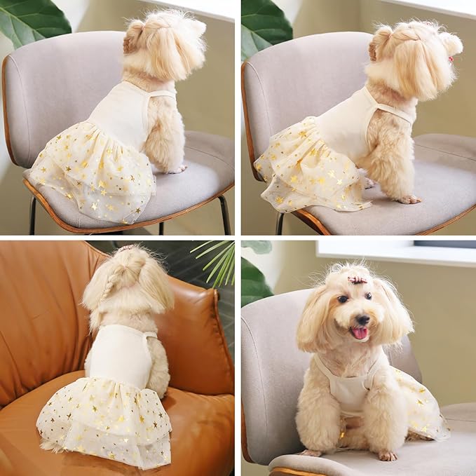 Dog Tutu Dress Cat Dogs Summer Tulle Slip Lace Dress Cute Puppy Glitter Star Skirt Pet Party Clothes for Small Medium Cat Dog (Yellow, X-Small)