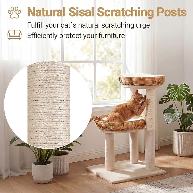 Tangkula Modern Cat Tree, 30 Inch Small Cat Tower with 2 Rattan Cat Baskets, Sisal Scratching Posts, Hanging Ball, 2 Large Nest Cat Beds with Removable & Washable Plush Cushions for Indoor Kittens