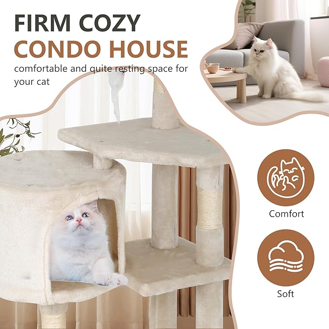 FDW | 36" Cat Tree Tower | Beige | Multi-Level Indoor Activity Center with Sisal Scratching Posts, Condos, Plush Perches, Hanging Cat Toys | Sturdy, Easy to Assemble | for Kittens & Adult Cats