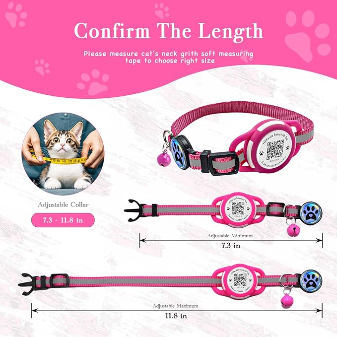 Cat Collar with Airtag Holder & QR Code Tag, Reflective Breakaway Kitten Collar with Quick Release Buckle, Adjustable Nylon Safety Collar for Indoor Outdoor Cats (Rose Red)