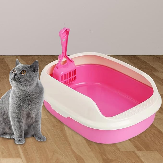 High-Sided Anti-Splash Cat Litter Box Open Top Kitty Litter Pan Pet Sand Tray for Indoor Cats- red