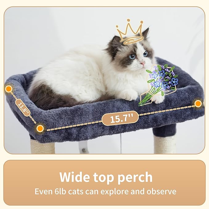 Heybly Cat Tree, Kitten Tower with Large Soft Cat Basket,Cat Condo with Spacious Cat Bed Cave with Hidden Space，Sisal-Covered Scratching Posts,Dangling Ball for Indoor Cats, Smoky Gray HCT008SG