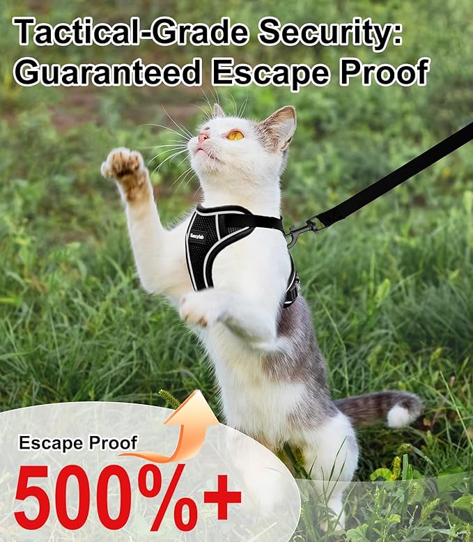 Cat Harness and Leash for Walking Escape Proof Soft Adjustable Cat Leash Breathable Comfortable Vest Easy to Wear Kitten Harness for Outdoor Travel (Black, S (7-12lb))