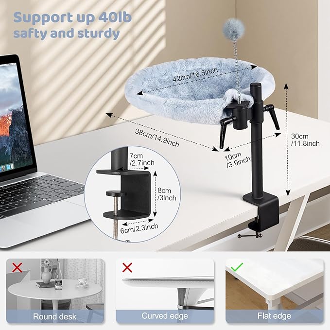 Odoland Cat Desk Bed, 360° Rotatable Adjustable Height Cat Hammock Bed for Home Office, Comfortable Soft Desk Kitten Nest with 2 Washable Fabrics for All Seasons