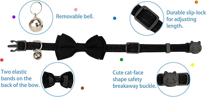 Cat Collar with Bow Tie Bell Breakaway Kitten Small Pet Safety Solid Wedding Basic Pure Color Suede Soft Adjustable [1pc] Black