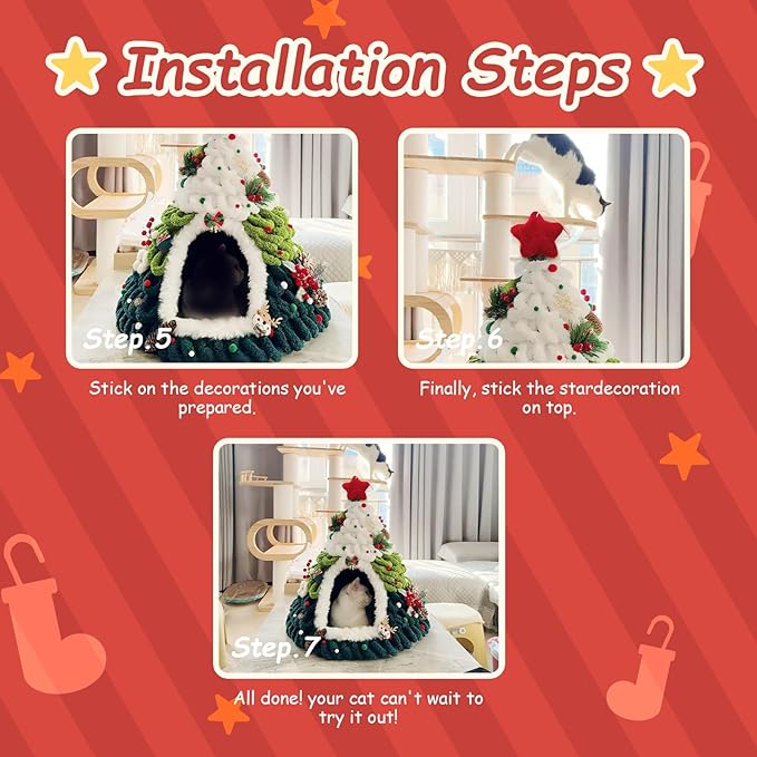 DIY Christmas Tree Cat Bed with Materials, Christmas Pet Tree House Package, DIY Felt Xmas Cave, Indoor Felt Nest for Cats and Kittens, Teepee Furniture Decorations for Family & Friends(A)
