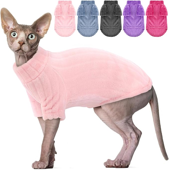 Sweaters for Cats, Hairless Sphynx Sweater Kitten Pullover with Sleeves, Warm and Soft Cat Pajamas Fleece Sweatshirt Jumpsuit, Turtleneck Clothes for Fall Winter, Pink L