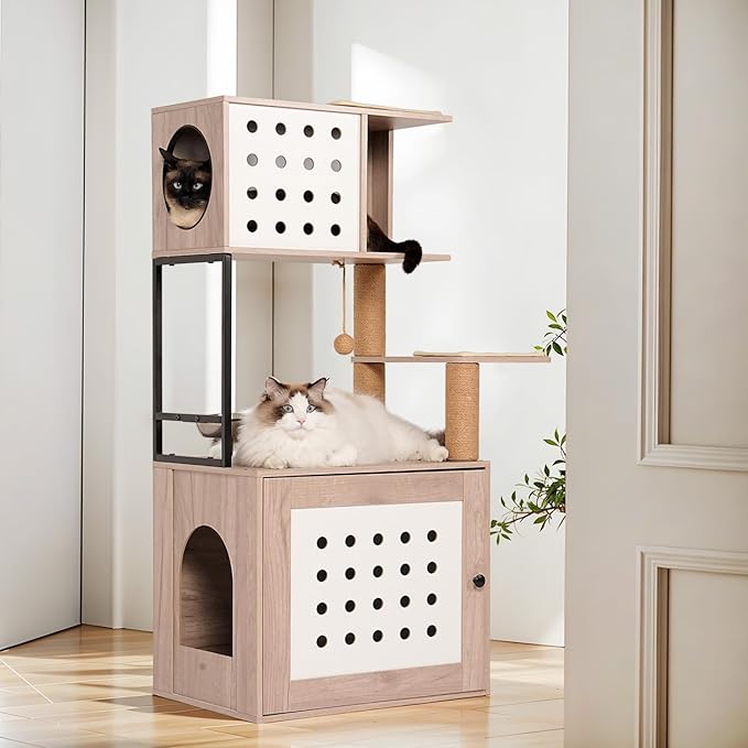 Cat Tree with Litter Box Enclosure, Cat Tower for Indoor Cats with Large Hammock, Bed, Food Station, Scratching Posts, Modern Style Pet Furniture, Gray+White