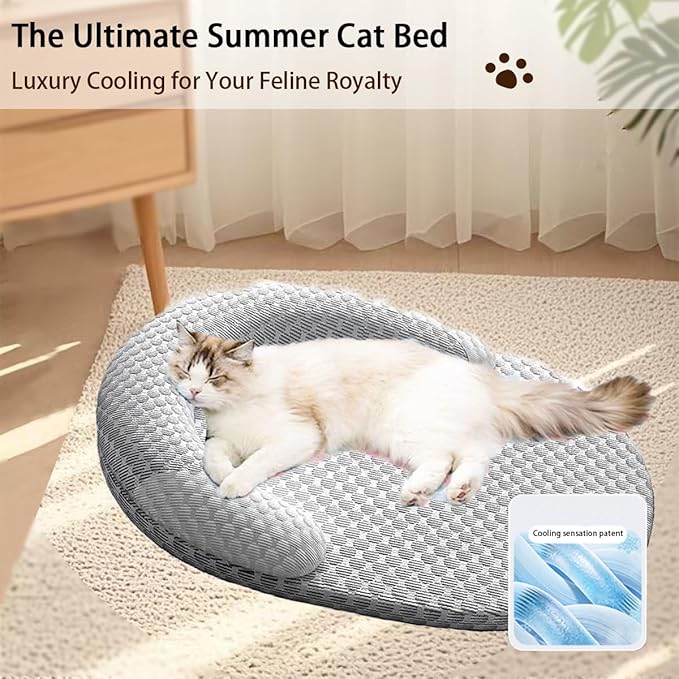 Cat Beds with Pillow for Indoor Cats, Summer Cooling Pet Bed with Removable Washable Cover Washable Round Fluffy Pet Bed
