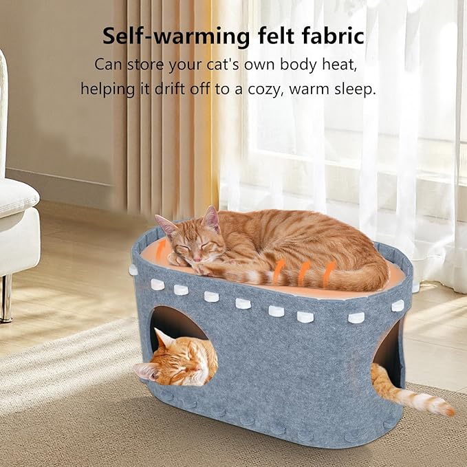 Cat Houses for Indoor Cats, Cozy Cat Beds for Indoor Cats,Cat Bed Cave, Felt Cat Cave Condo for Large Cats Up to 22 Lbs, Scratch Resistant Gray Hideaway (Grey, 22.5 * 12.9 * 11.8)