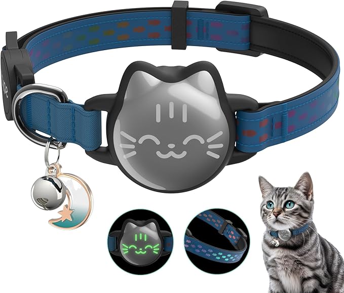 Waterproof Airtag 2nd & 1st Cat Collar, Breakaway Cat Airtag Collar with Luminous & Reflective Pattern Strap, Lightweight Kitten Collars for Apple Air tag, Hidden Holder - Cats, Kittens
