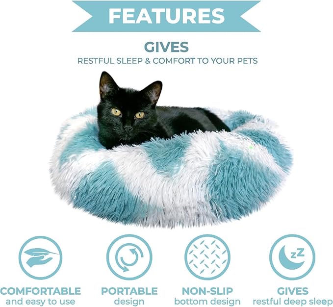 Whiskers & Friends Cat Beds for Indoor Cats, Fluffy Calming Donut Cat Bed, Small Dog Bed Washable - Orthopedic Soft Plush Pet Beds Sized for Kitten to Large Cats & Puppy to Small Dogs - Teal White