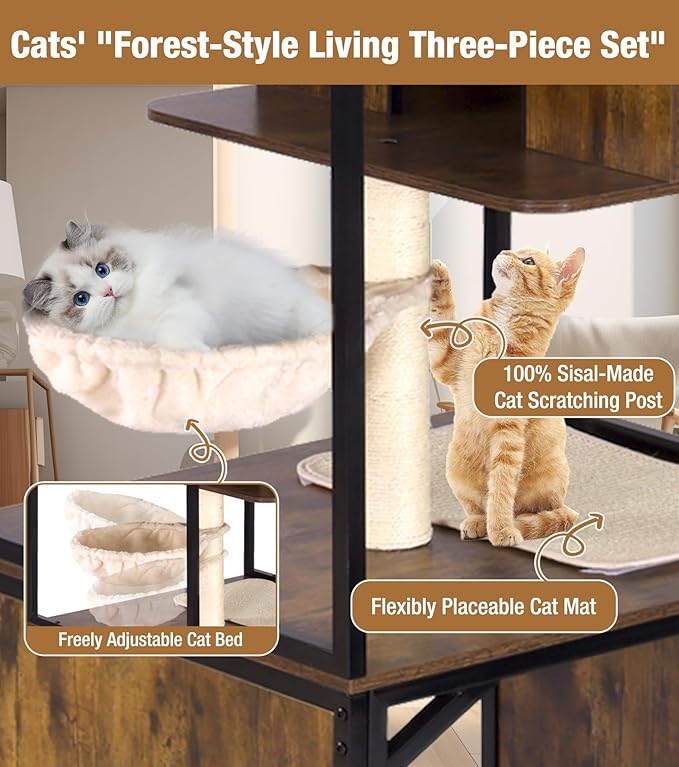 Cat Tower with Litter Box Enclosure, Wooden Cat Tree Tower with Scratching Post, Sturdy Metal Frame Cat Furniture with Adjustable Bed & Anti-Tipping Design, Mobile Cat Condo for Indoor Cats