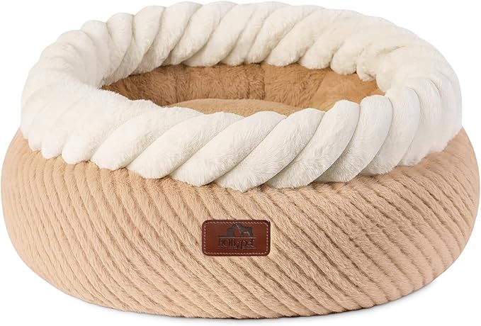 Hollypet Cat Bed for Indoor Cats Kitty Beds, Round Washable Fluffy Small Dog Bed, Soft Cozy Plush Pet Beds for Puppy and Kitten with Non-Slip Bottom (20" D * 8" Th, Oatmeal)