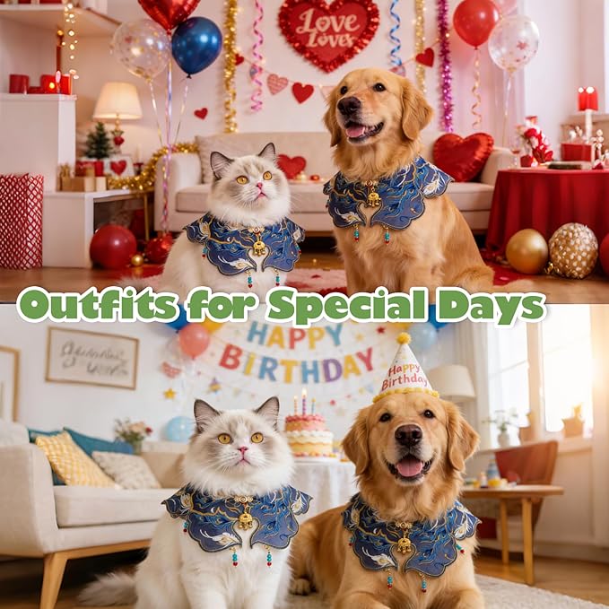 Blue Pet Bandana for Cats & Small Dogs – Irregular Embroidery Scarf, Metal Buckle, Unisex Dog Bandana & Cat Outfit for Wedding, Birthday, Holidays