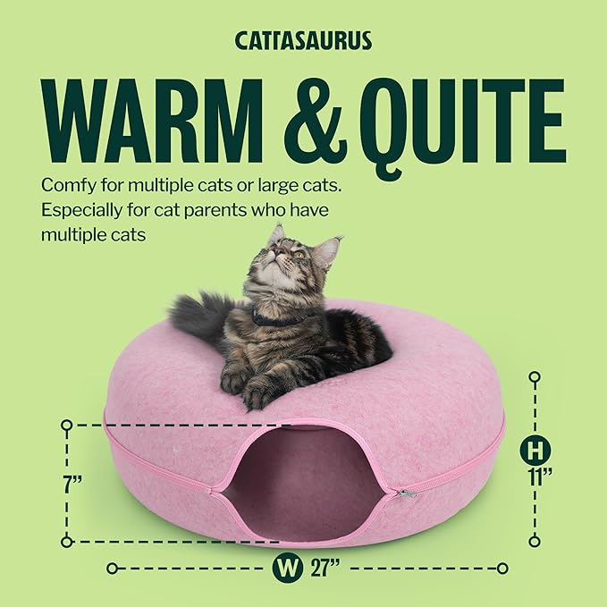 Cattasaurus Peekaboo Cat Cave Donut for Multiple & Large Cats up to 30-45 lbs, 3-in-1 Self Warming Cat Bed, Tunnel & Scratcher for Indoor Cats, Washable & Detachable Small Dog Bed (Pink, Jumbo)