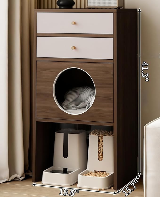 Multi-Function Cat House Furniture, Solid Wood Cat Condo with Storage Drawer, Pet Bed & Feeding Area, Compact Cat Cabinet (Walnut & Khaki,19.6" L*15.7" W*41.3" H)