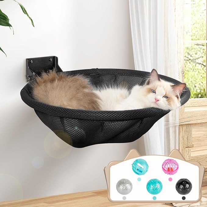 JUNSPOW Cat Hammock Wall Mounted, Foldable & Stable Cat Beds- Breathable Cat Wall Shelves for Sleeping, Playing, Climbing, and Lounging - Maximum Hold Up to 30lb (Black)