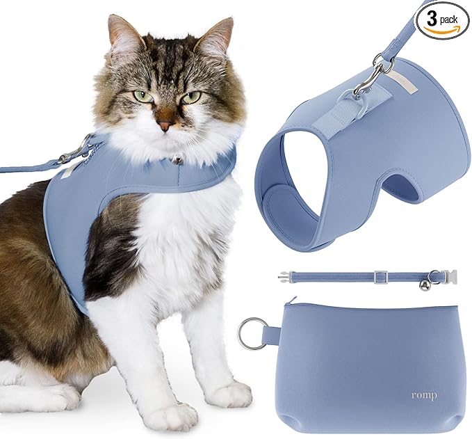 Cat Harness, Collar & Leash Set - Escape Proof Adjustable Choke Free Velcro Harness Vest for Walking Cats & Kittens (Cotton Blue, Medium)