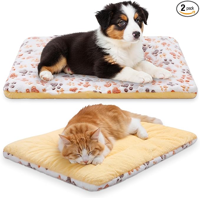 2 Pack Self Warming Cat Dog Bed Pet Mat 27" x 19" Soft Thermal Dog Pad with Cute Prints Reversible Washable Thickened Crate Mat for Indoor Outdoor Kittens Small Pets Feral(White)