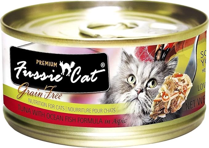 Fussie Cat Premium Canned Grain Free Cat Wet Food - Variety 4 Flavors Pack Food Bowl (48 Cans) (Tuna & Ocean Fish- Salmon - Shrimp - Chicken) 2.82 Ounce