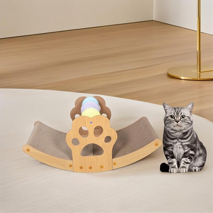 Kisangel Rocking Cat Scratching Lounger Bed with Colorful Balls Scratch-Resistant Cardboard Pad for Indoor Cats and Resting Furniture