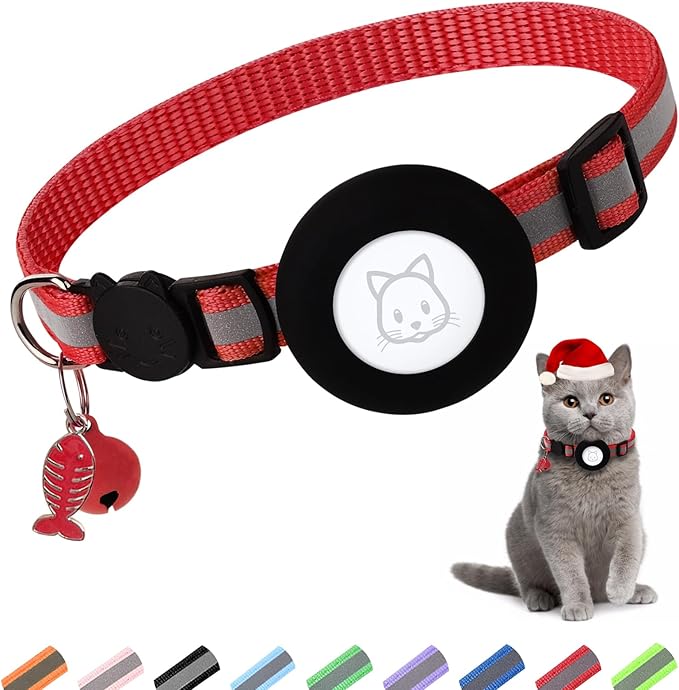 Airtag Cat Collar, Air tag Cat Collar with Bell and Safety Buckle in 3/8" Width, Reflective Collar with Waterproof Airtag Holder Compatible with Apple Airtag for Cat Dog Kitten Puppy (Red)