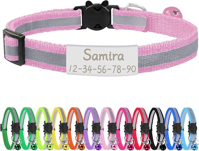 CAMAL Reflective Cat Collar Personalized with Pet ID Tag, Safety Breakaway Cat Collar with Name Tag, Pink Kitten Collar with Bell for Boy Girl Cats Puppies