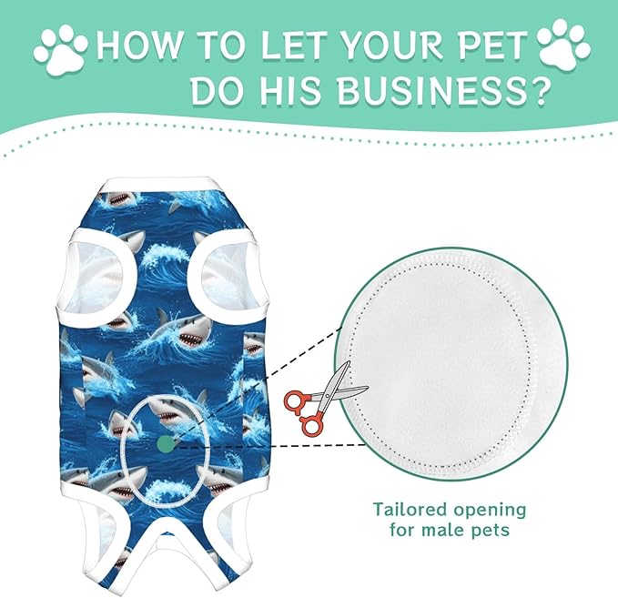 Dog Recovery Suit, After Surgery Wear for Pets Male Female Ocean Sea Shark Dog Onesie
