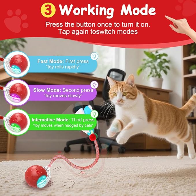 Interactive Cat Toys Smart Ball for Cats & Dogs! Now with 2 Rapid Tails. Features: 360°Auto-Rolling, Motion Activation& Bird Sounds. Perfect for Indoor Pet Exercise & Fun. (Red＆Blue)