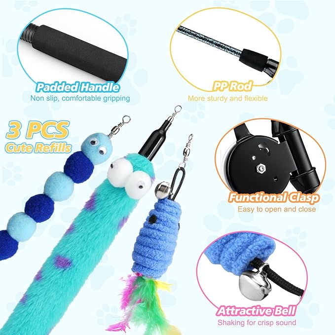 Pawaboo Cat Teaser Wand Toys, Cat Fishing Pole Toy with 3 Pack Feather Refills, 3-Section Retractable Kitten Feather Toys with Pulley, Indoor Cats Teaser Catcher Exerciser with Bell, Blue