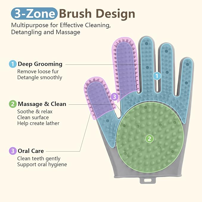 Pet Grooming Gloves for Cats & Dogs, Silicone Pet Hair Removal Glove for Bathing, Shedding & Massage, Gentle Cat & Dog Grooming Glove for Long & Short Hair Pets（Grey-Medium）