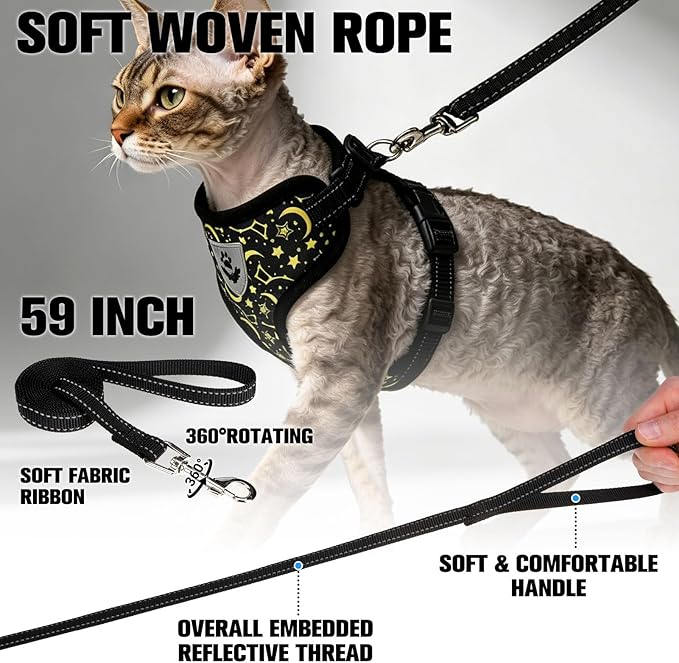 EXPAWLORER Escape Proof Cat Harness and Leash Set - Soft Breathable Vest Harness with Adjustable for Kitten Puppy Outdoor Walking Travel, Reflective Harnesses for Small Medium Large Cats, Star-Moon S