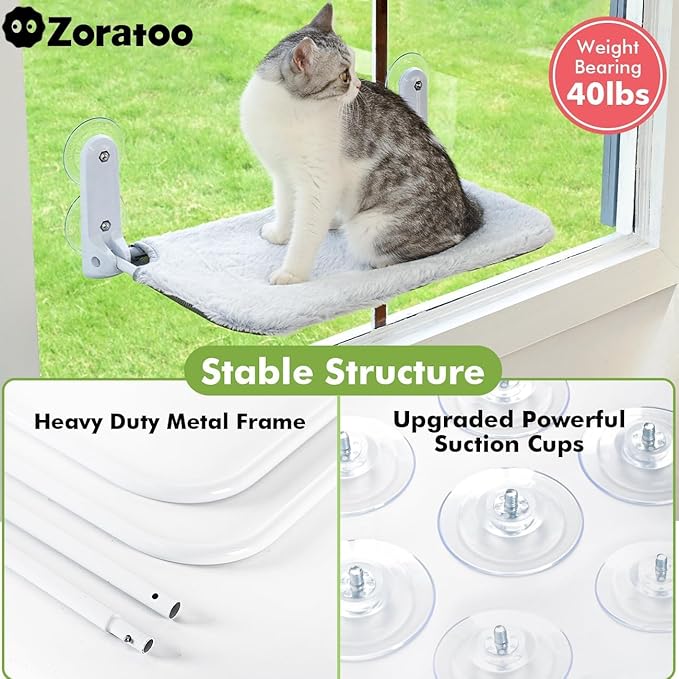 Zoratoo 2PC Cat Window Perch Cordless Foldable Cat Hammock Bed for Window with Metal Frame and Reversible Cover, Large Suction Cups Window Resting Seat for Indoor Cats (Cat Bed, L-2PC)