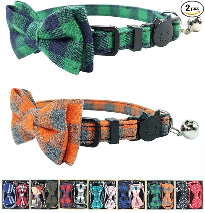 Cat Collar Breakaway with Bell and Bow Tie, Plaid Design Adjustable Safety Kitty Kitten Collars Set of 2 PCS (6.8-10.8in) (Green&Orange Plaid)