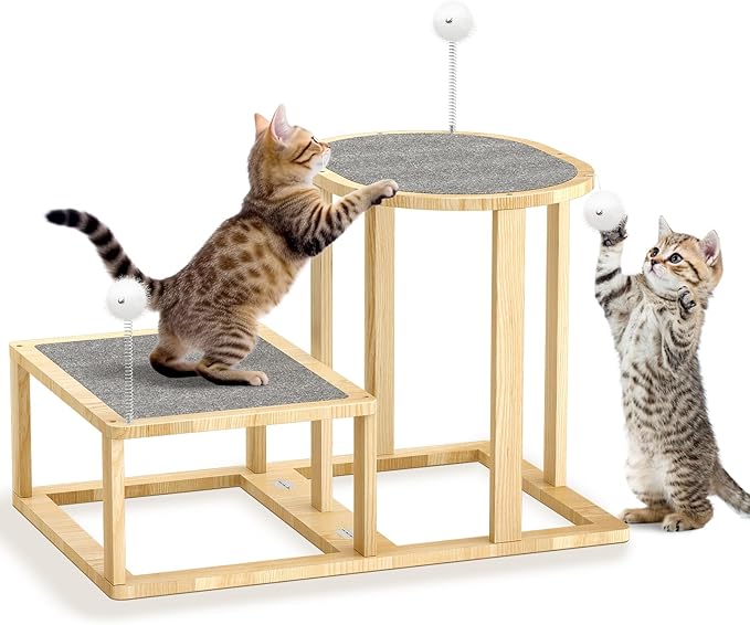 Pawaboo 16.9in Cat Tree Tower, 2-Level Cat Scratch Post with Scratching Mats, Cats Teasers & Hanging Ball, Cats Tree for Indoor Kittens, Natural Wooden Scratcher Beds & Furniture for Kitties