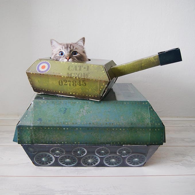 Suck UK | Tank Cat House | Cardboard Kitten Toys & Cat Bed | Interactive Cats Toy for Kittens & Cats | Novelty Kitten Accessories & Kitten Gifts | Indoor Toys or Outdoor House & Cave | Green