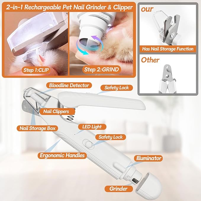 Dog Nail Trimmers & Dog Nail Grinder, USB Rechargeable, LED Light, Ultra-Quiet, Safety Guard, for Large Medium Small Dogs & Cats, Nail Clippers for Grooming & Claw Trimming