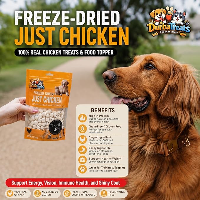Freeze Dried JustChicken Raw Dog & Cat Treats - Healthy Snacks, Food Topper. Weight Control, Training Bites, High Protein 2.0 OZ