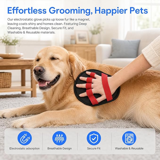 Upgraded Five-Finger Electrostatic Pet Hair Removal Gloves, Reusable Cat & Dog Hair Remover for Couch, Furniture, Carpet, Car Seat, Clothing - Magic Brush Pet Grooming Glove (Red)